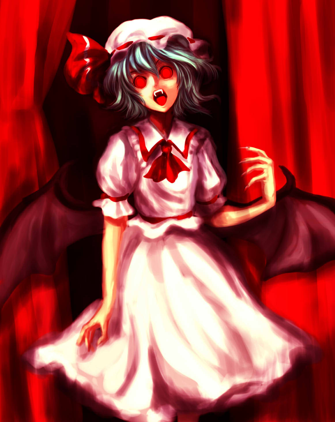 ascot, bat_wings, blue_hair, fangs, hat, highres, konowa, red_eyes