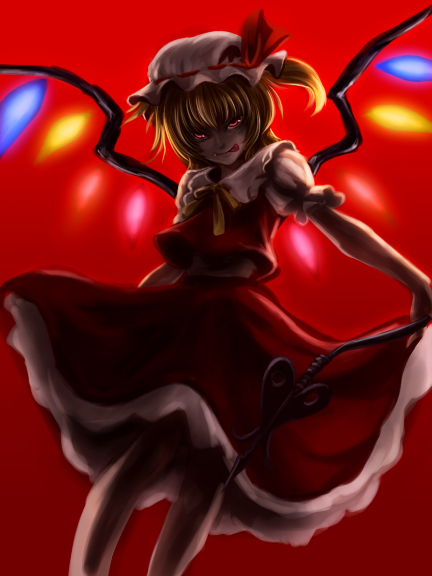 :p, blonde_hair, dress, flandre_scarlet, hat, highres, konowa, laevatein