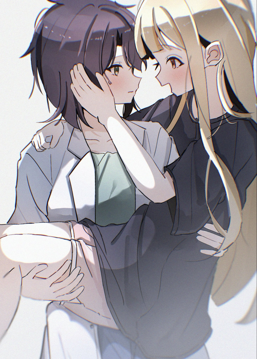 2girls, black_shirt, blonde_hair, blush, carrying, cho_kaguya-hime!, chromatic_aberration, commentary_request