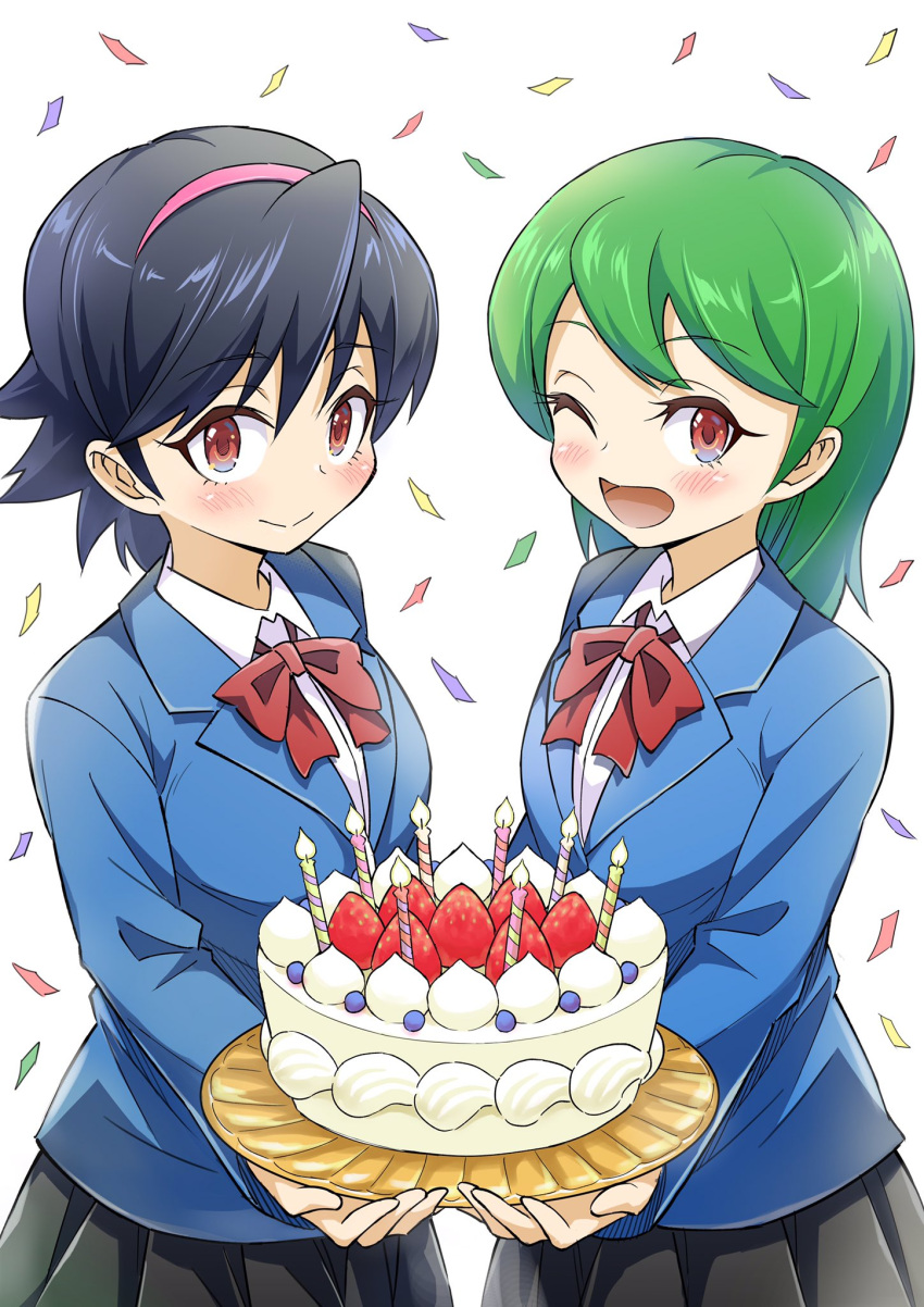 birthday_cake, black_hair, black_skirt, blazer, blue_jacket, bow, bowtie, cake, candle, closed_mouth, commentary_request, confetti, food, fruit, green_hair, hairband, highres, holding, holding_plate, jacket, jikkyou_powerful_pro_yakyuu, long_hair, looking_at_viewer, one_eye_closed, open_mouth, pawahotel3021, pink_hairband, plate, power_pro-kun_pocket, power_pro-kun_pocket_10, red_bow, red_bowtie, red_eyes, school_uniform, shirt, short_hair, skirt, smile, strawberry, takashina_nao, white_background, white_shirt, yoshizuki_sara