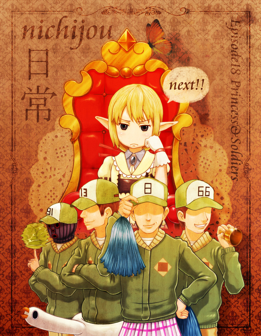 blonde, blue_eyes, chin_rest, frown, gloves, highres, nichijou, pointed_ears