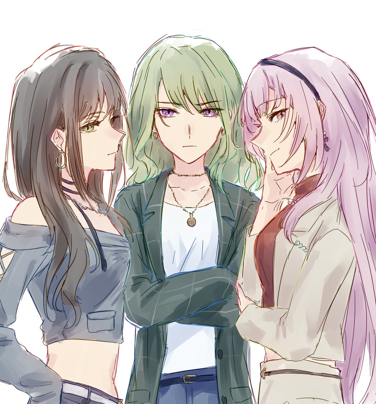 3girls, bang_dream!, bang_dream!_our_notes, black_hairband, brown_hair, brown_jacket, brown_shirt, closed_mouth