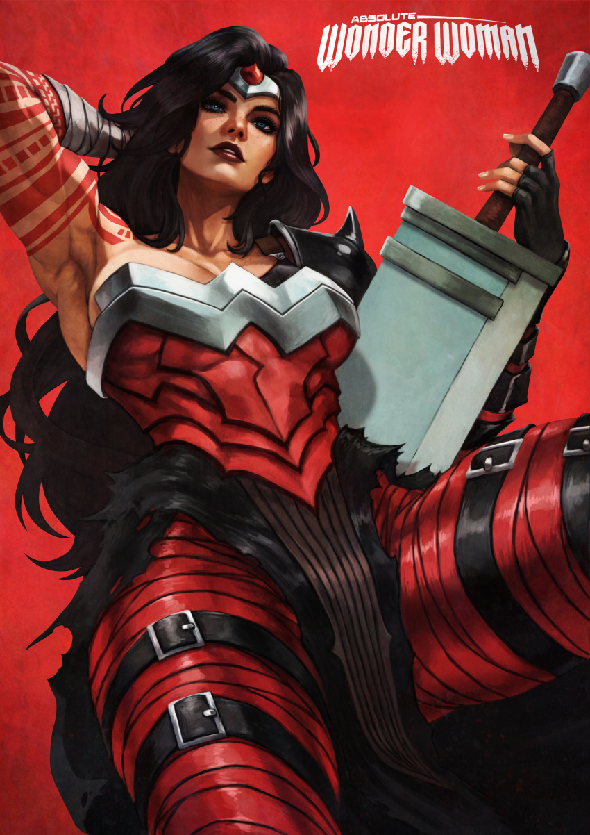 1girl, absolute_dc, absolute_wonder_woman, absurdres, amazon_warrior, arm_behind_head, armpits, belt