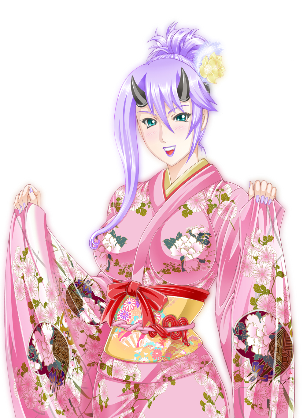 bow, flower, green_eyes, hair_flower, hair_ornament, highres, horns, japanese_clothes
