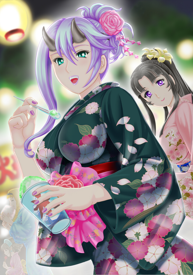 floral_print, flower, green_eyes, hair_flower, hair_ornament, horns, japanese_clothes, kimono