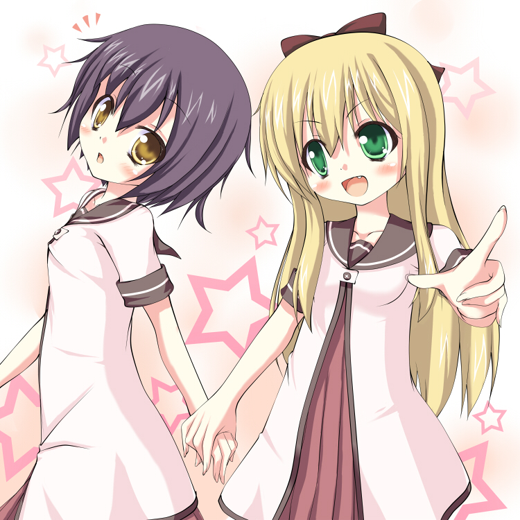 bad_id, black_hair, blonde_hair, bow, brown_eyes, funami_yui, green_eyes, hair_bow