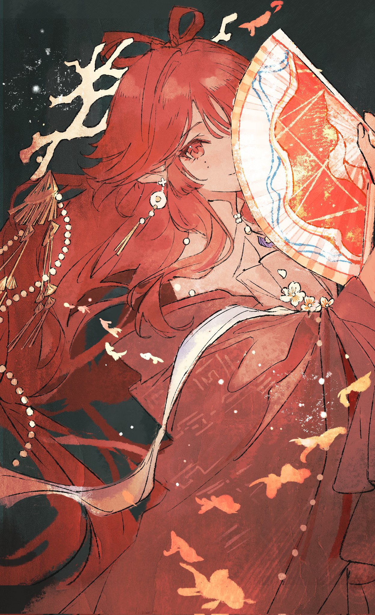 1girl, arknights, black_background, bow-shaped_hair, commentary_request, coral, corrupted_twitter_file, covering_own_mouth
