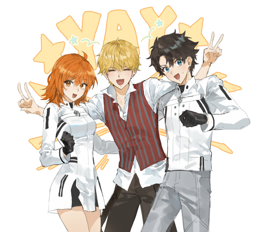 1girl, 2boys, :d, absurdres, aqua_eyes, black_gloves, black_hair, blonde_hair