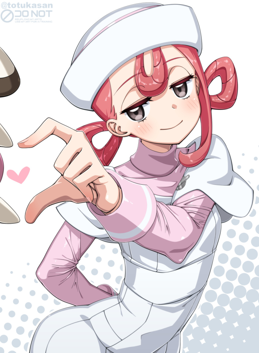 1girl, commentary_request, cowboy_shot, foongus, grey_eyes, hair_rings, hat, heart