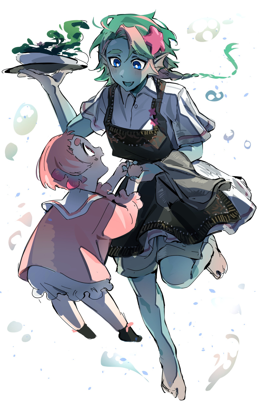 2girls, :d, absurdres, aqua_hair, barefoot, black_dress, blue_eyes, braid