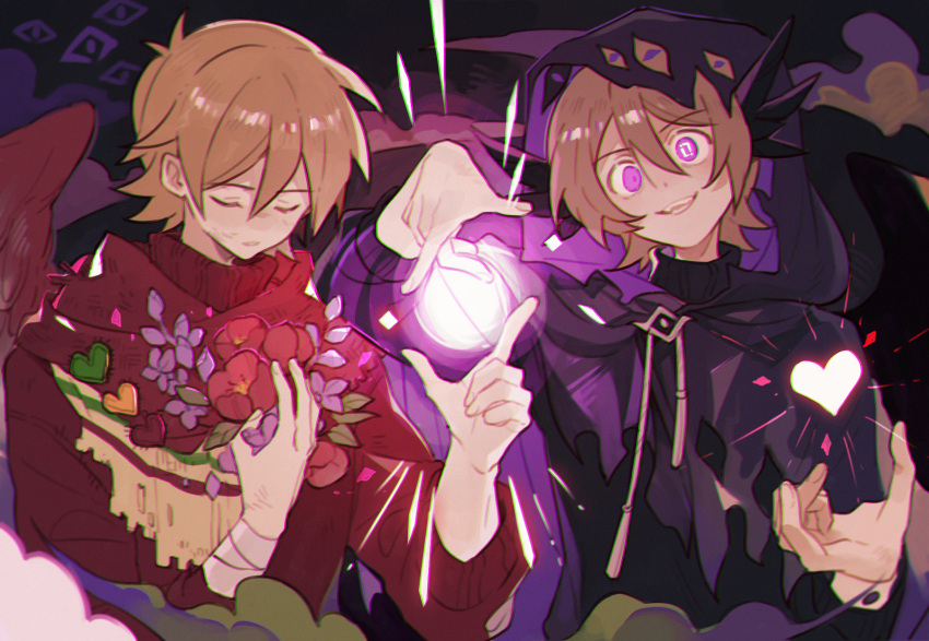 2boys, animification, antenna_hair, bird_boy, bird_wings, bishounen, black_cloak, brown_hair