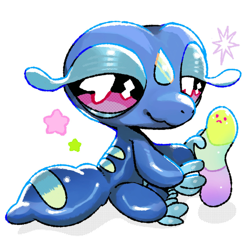 absurdres, artist_request, bad_link, gecko, gecqua, highres, lizard, looking_at_viewer, no_humans, pink_eyes, pokemon, pokemon_(creature), pokemon_winds_and_waves, pokemon_ww, solo, stuffed_toy, white_background, worm