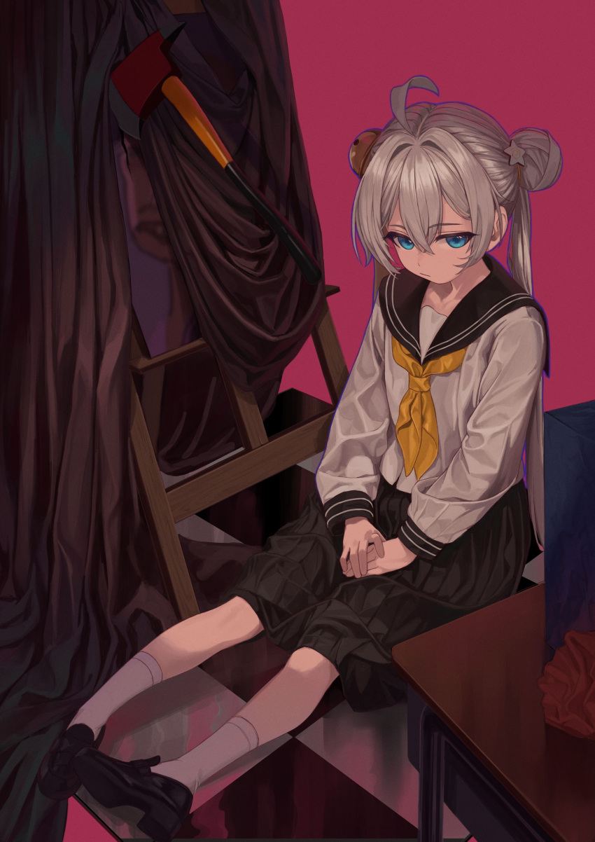 1girl, absurdres, ahoge, axe, bell, black_sailor_collar, black_shoes, black_skirt