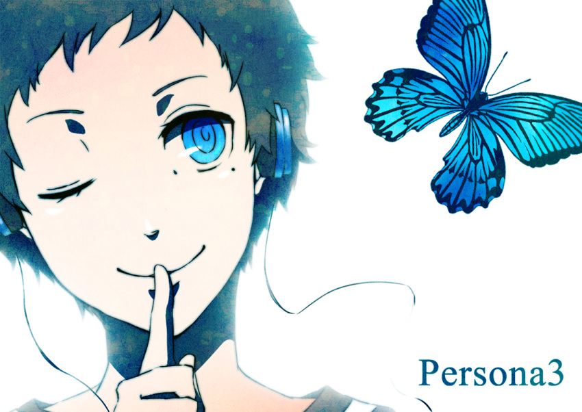 black_hair, blue_eyes, butterfly, child, headphones, male, persona, persona_3, pharos, shuu_moto, simple_background, solo, wink