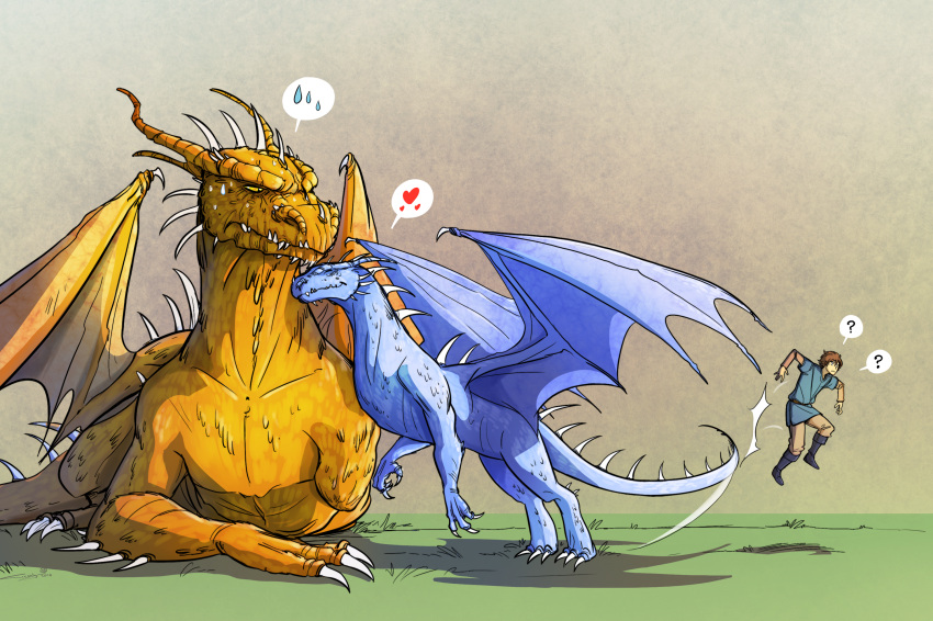 1boy, 2others, ?, amputee, annoyed, blue_boots, blue_pants, blue_tunic, boots, brown_eyes, brown_hair, brown_shirt, claws, closed_eyes, dragon, dragon_tail, dragon_wings, eastern_dragon, eragon, eragon_(character), fangs, full_body, glaedr_(eragon), grass, head_on_chest, heart, highres, multiple_others, outdoors, pants, saphira_(eragon), scales, shirt, sitting, spikes, sweatdrop, tail, ticcy, tunic, wings, yellow_eyes