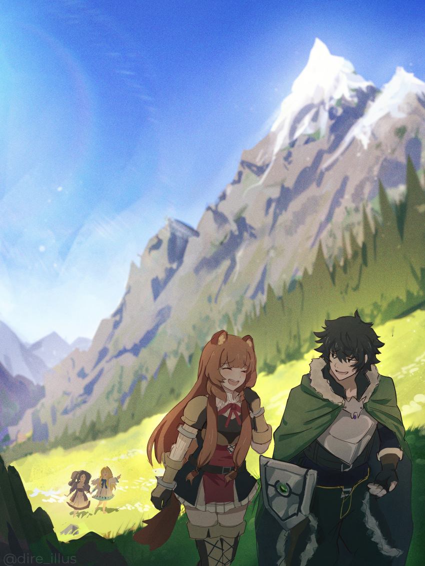 1boy, 3girls, :d, absurdres, animal_ear_fluff, animal_ears, arm_shield, armor