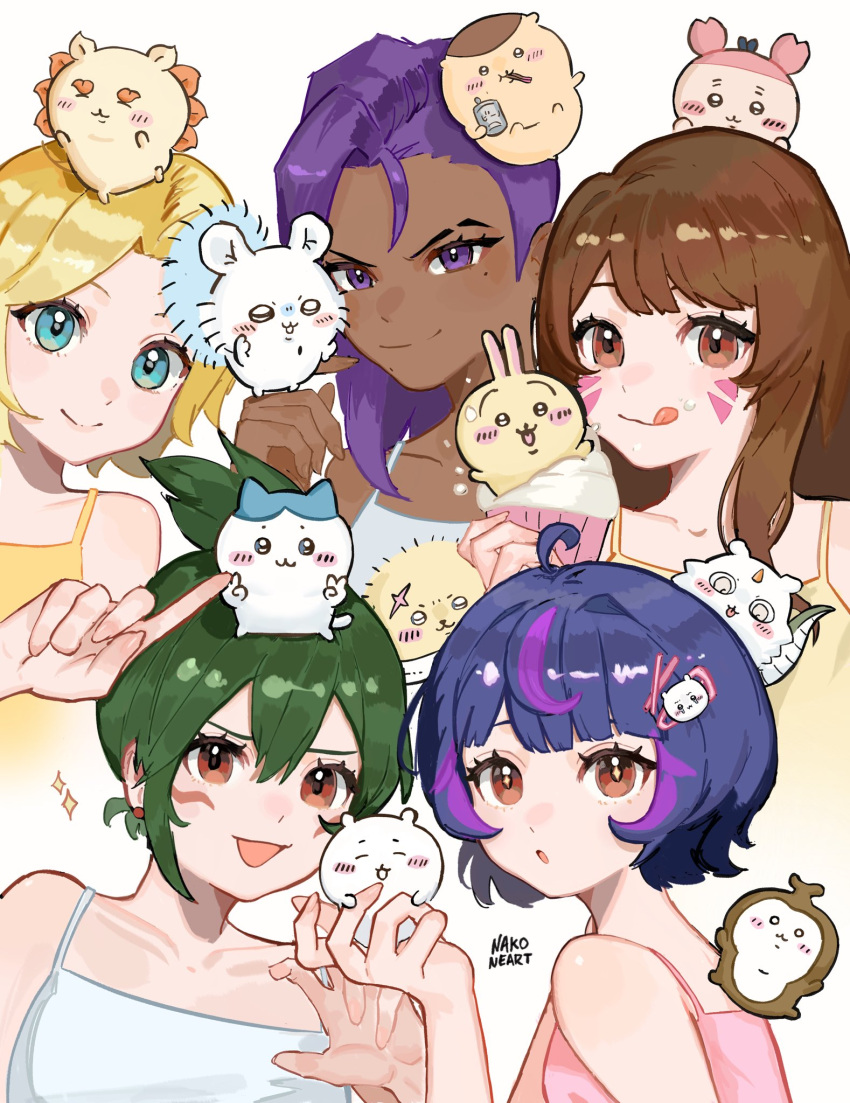 5girls, asymmetrical_hair, blonde_hair, blush, blush_stickers, brown_eyes, brown_hair, carrying
