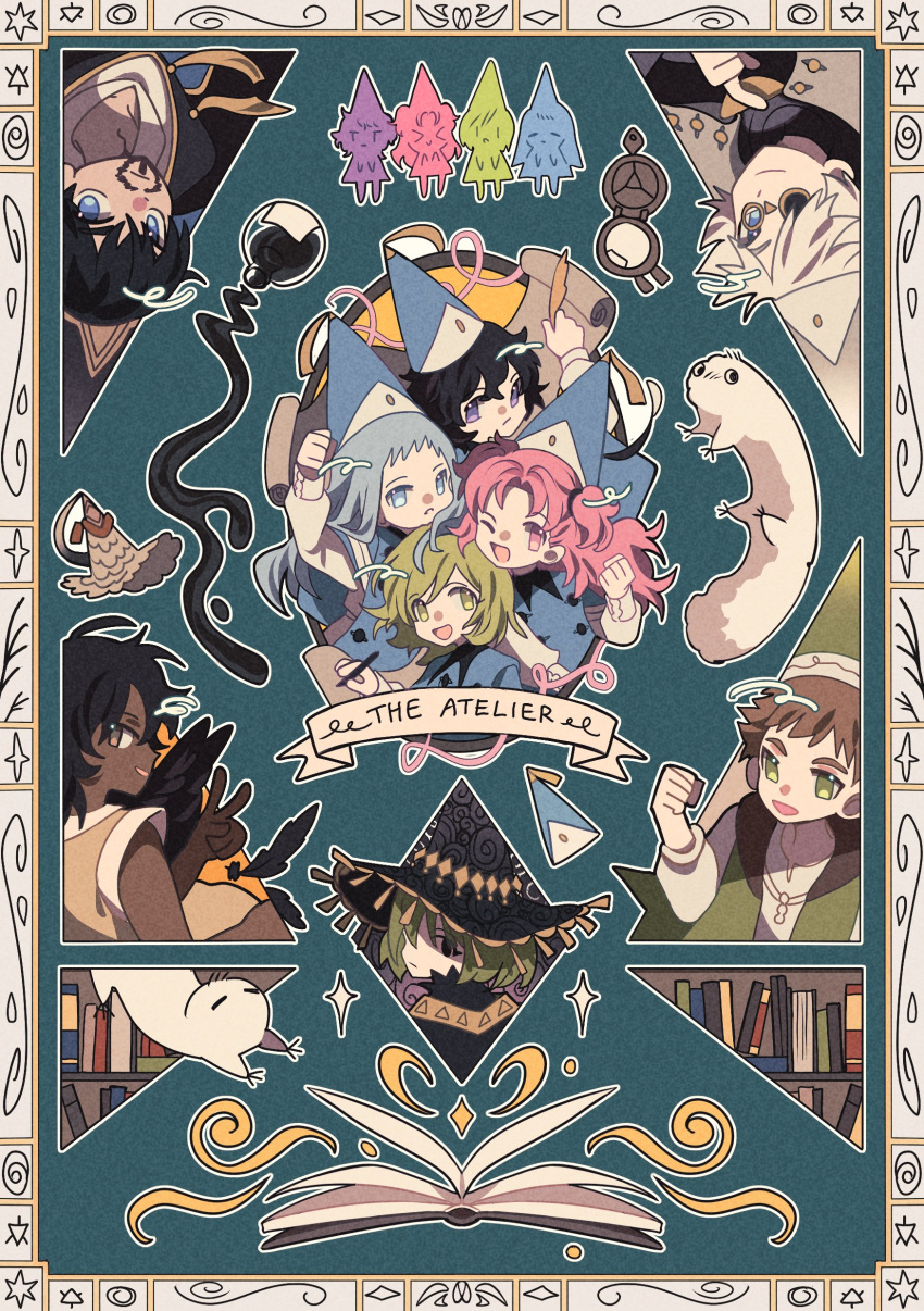 4boys, 4girls, absurdres, agott_arklaum_(tongari_boushi_no_atelier), black_hair, blonde_hair, blue_eyes, blue_hair