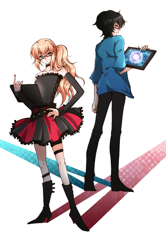 2boys, arm_at_side, back-to-back, bare_shoulders, belt, black_boots, black_choker, black_dress