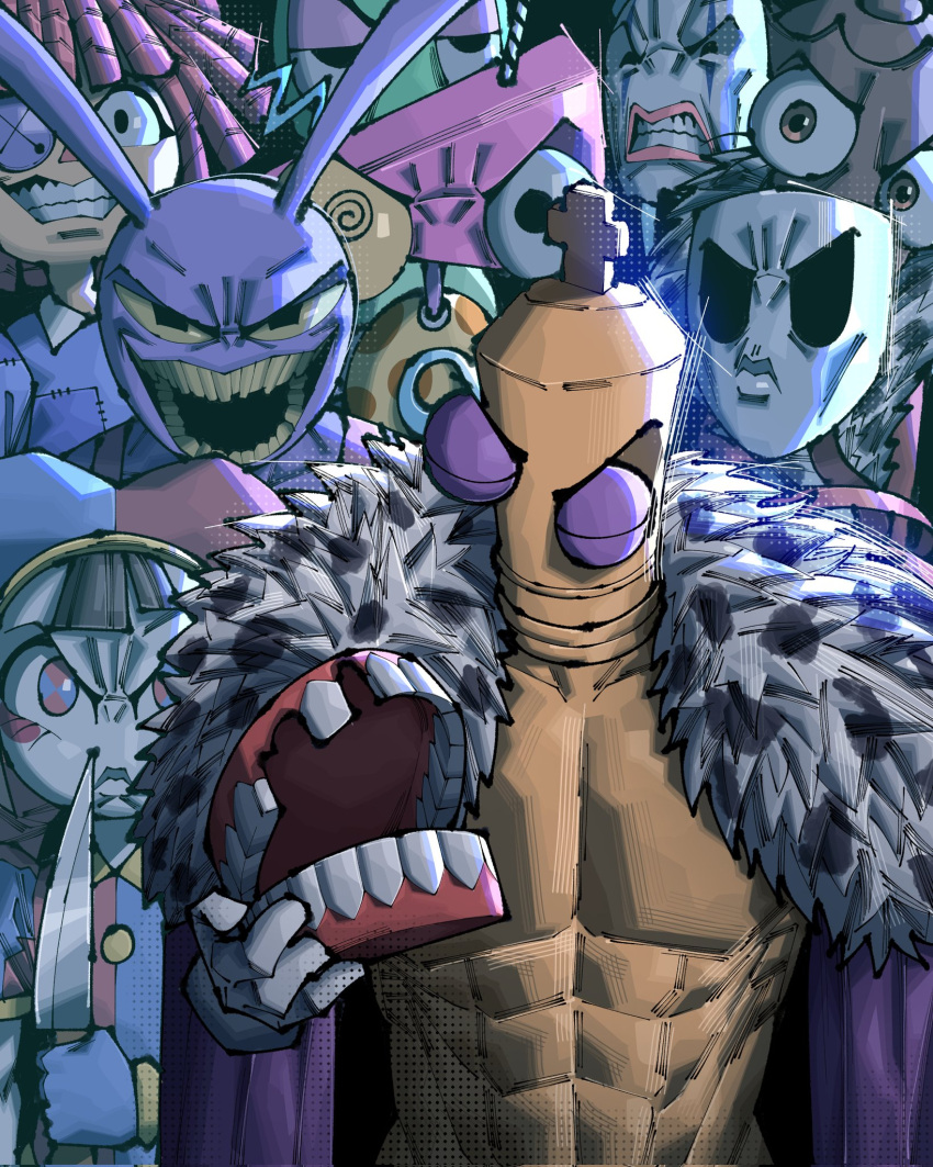 abs, angry, ben-day_dots, caine_(the_amazing_digital_circus), character_request, closed_eyes, comic_panel_redraw, crazy_smile