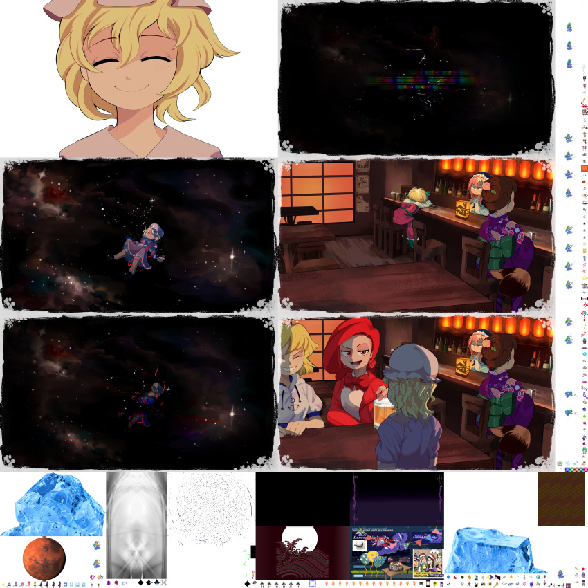 6+girls, absurdres, alcohol, beer, black_shoes, blonde_hair, chair, closed_eyes