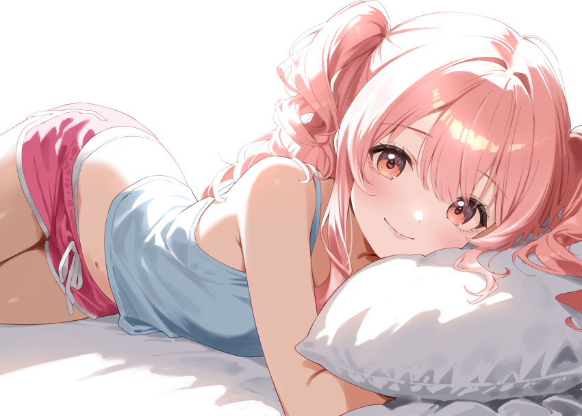 absurdres, blush, enu_illustip, happy, heartsync, highres, kumu_cotton, on_bed, pillow, pink_hair, twintails
