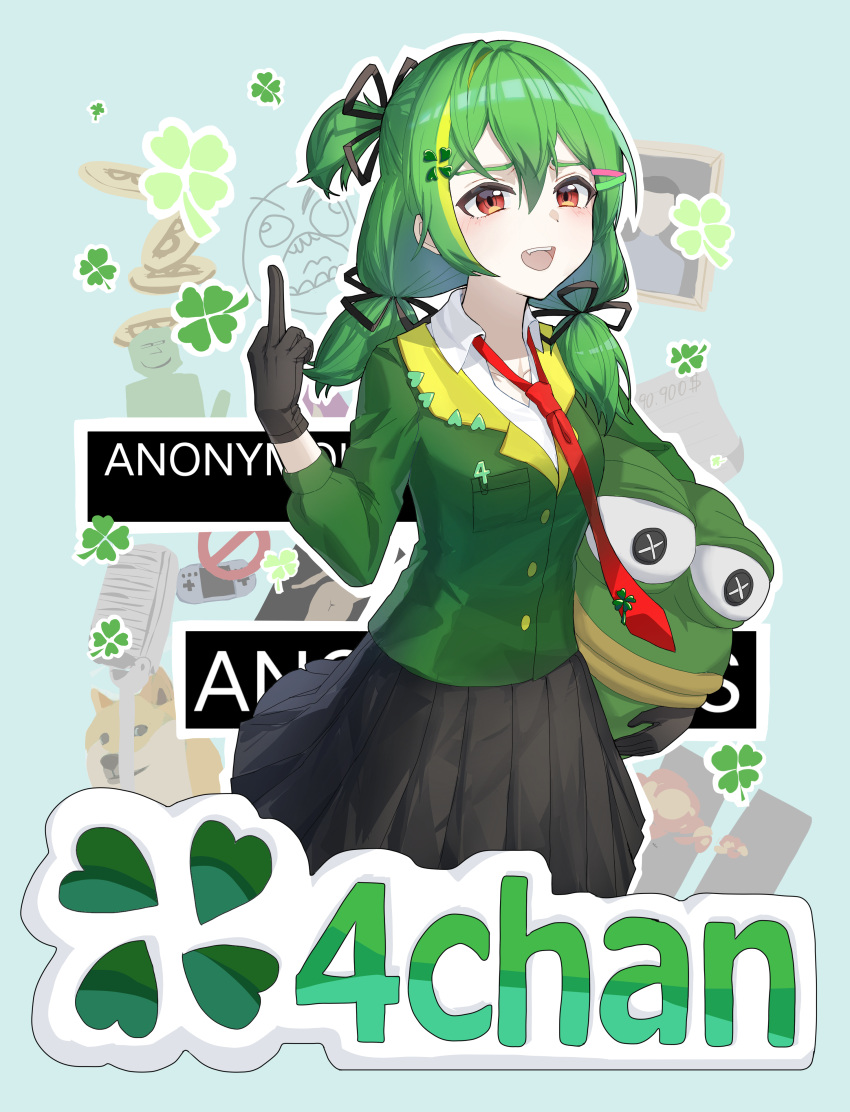 1girl, 4chan, 9/11, :d, absurdres, bitcoin, black_gloves, black_skirt