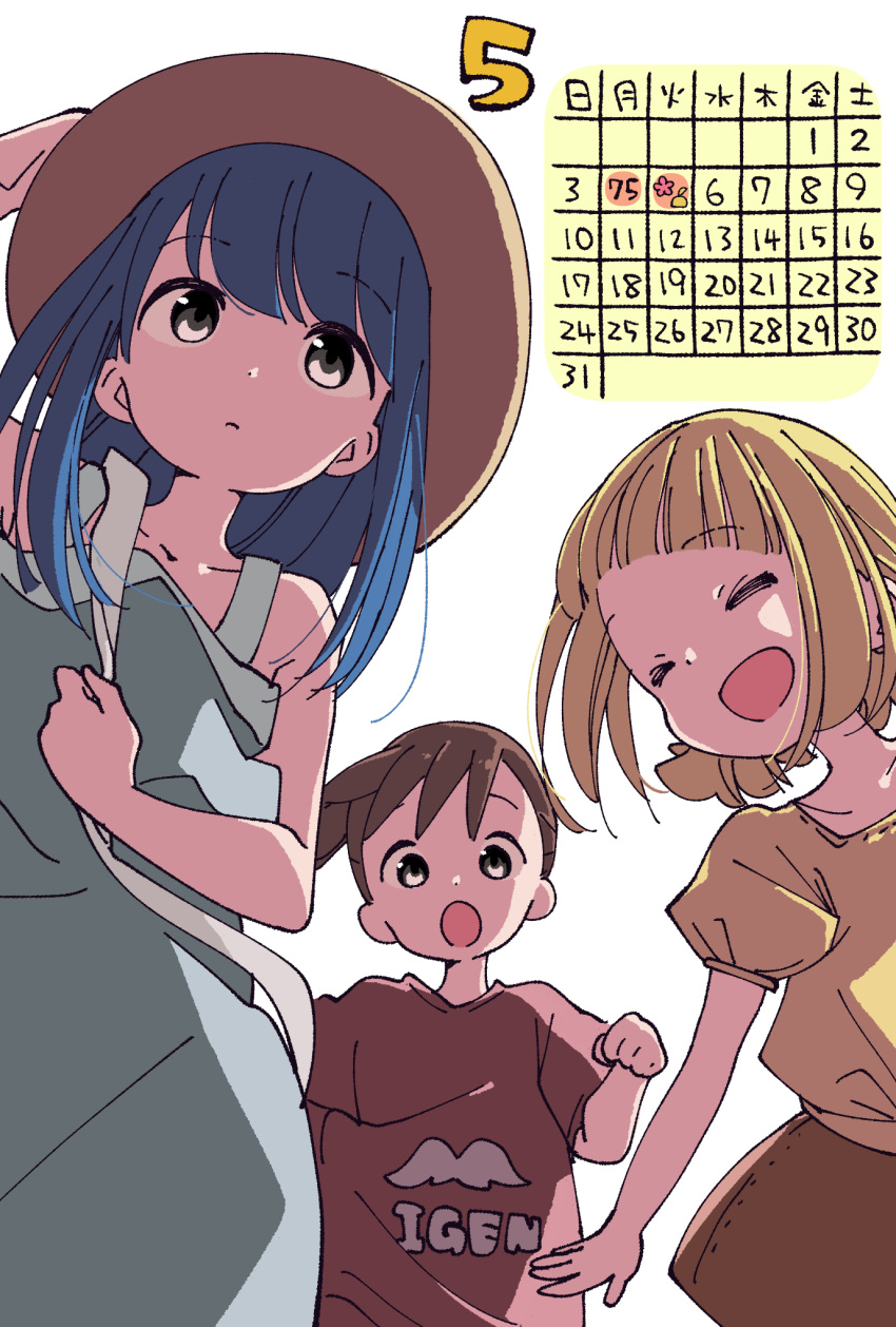 3girls, akamatsu_yui, aoyama_kotoha_(mitsuboshi_colors), blonde_hair, blue_hair, blunt_bangs, brown_eyes, brown_hair