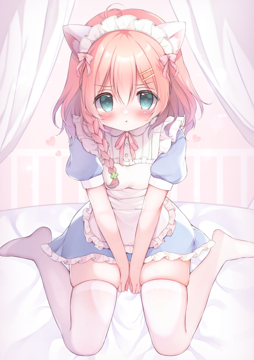 1girl, :o, ahoge, amahane_yotsuha, animal_ear_fluff, animal_ears, apron, blue_dress