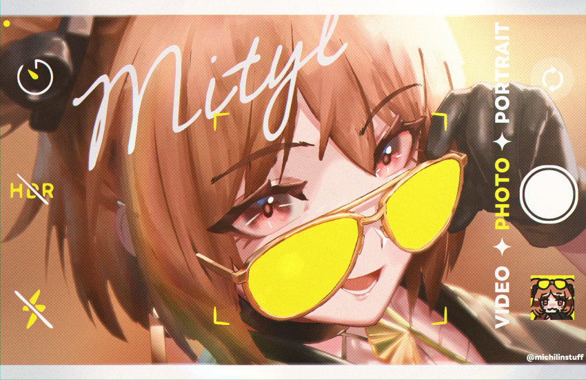 1girl, artist_name, black_gloves, brown_hair, commentary, ear_ornament, from_side, girls'_frontline_2:_exilium