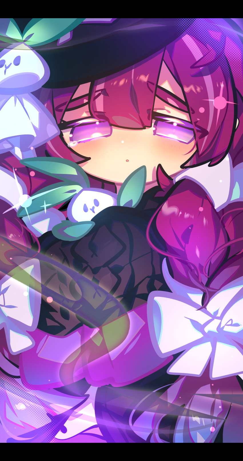 1girl, :o, absurdres, alternate_hair_length_(longer), black_hat, black_jacket, blush, bow