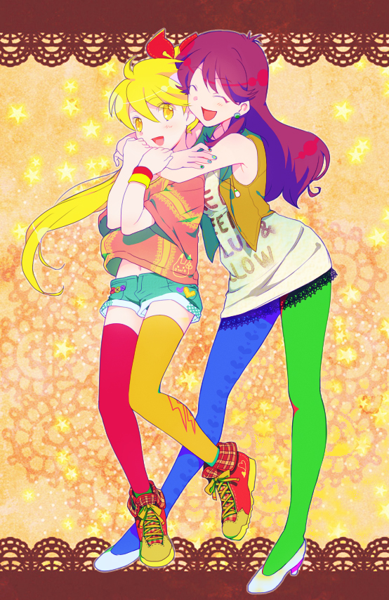 abstract_background, alternate_costume, armpits, bare_arms, bare_shoulders, blonde_hair, blue_(pokemon), blue_legwear