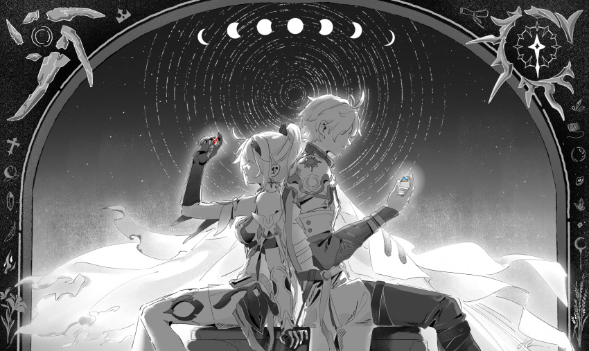 1boy, 1girl, absurdres, ahoge, armor, behind_another, chinese_commentary, coat