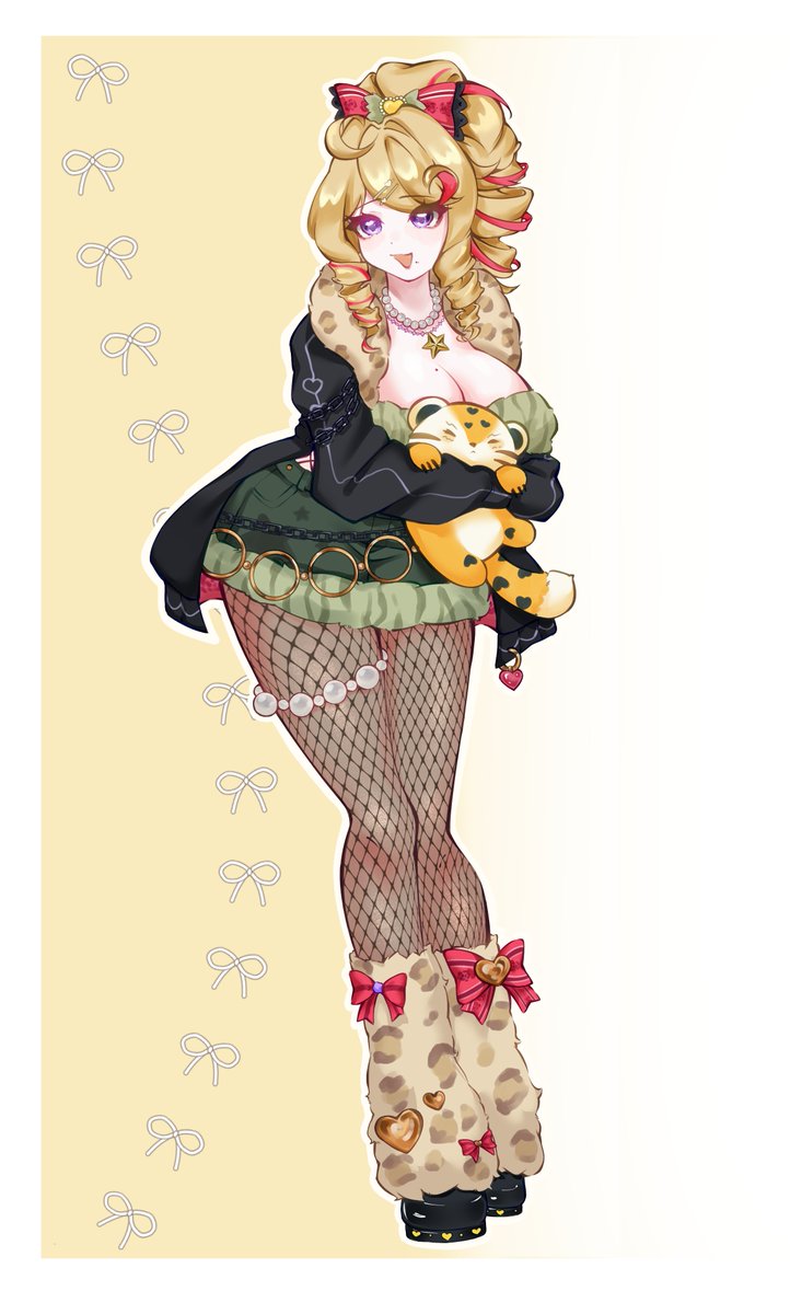 animal_print, blonde_hair, breasts, brown_pantyhose, cat, commentary, gyaru, hair_ornament