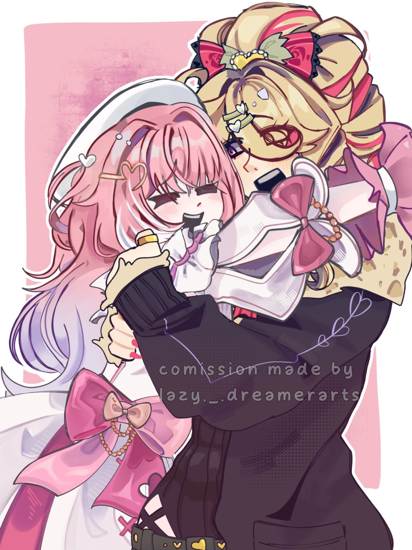 2girls, blonde_hair, blush, commentary, cupid, dreamer0, english_commentary, gyaru