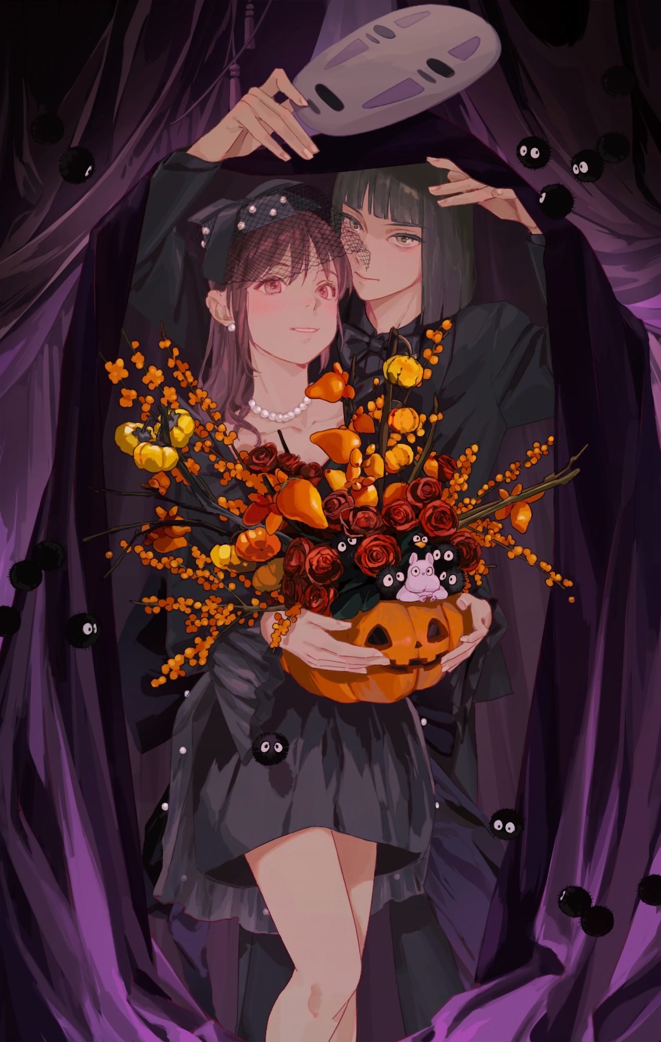 1boy, 1girl, black_dress, black_hair, black_jacket, blush, bob_cut, bou_(sen_to_chihiro_no_kamikakushi)