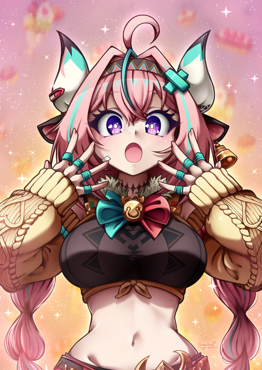 1girl, :o, ahoge, animal_ears, bow, braid, breasts, commentary_request