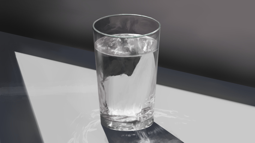 commentary_request, cup, drink, drinking_glass, food_focus, highres, jaosetsu, no_humans, original, painterly, realistic, refraction, shadow, still_life, water