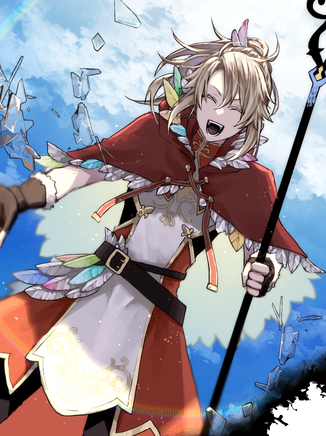 1boy, :d, ^_^, azuma_yuuki, belt, black_belt, black_shirt, blonde_hair, brown_gloves, capelet, check_clothing, closed_eyes, clothing_request, commentary_request, cowboy_shot, dutch_angle, facing_viewer, feather-trimmed_capelet, feather-trimmed_hood, fingerless_gloves, fur-trimmed_gloves, fur_trim, gloves, hair_between_eyes, holding, holding_polearm, holding_weapon, hood, hooded_capelet, kitamura_motoyasu, legendary_spear_(minute_hand_of_the_dragon's_era)_(tate_no_yuusha_no_nariagari), legendary_spear_(tate_no_yuusha_no_nariagari), male_focus, medium_hair, open_mouth, outstretched_hand, parted_bangs, polearm, ponytail, red_tunic, shirt, short_ponytail, short_sleeves, smile, solo, spear, tate_no_yuusha_no_nariagari, teeth, tunic, weapon, white_tunic, yari_no_yuusha_no_yarinaoshi