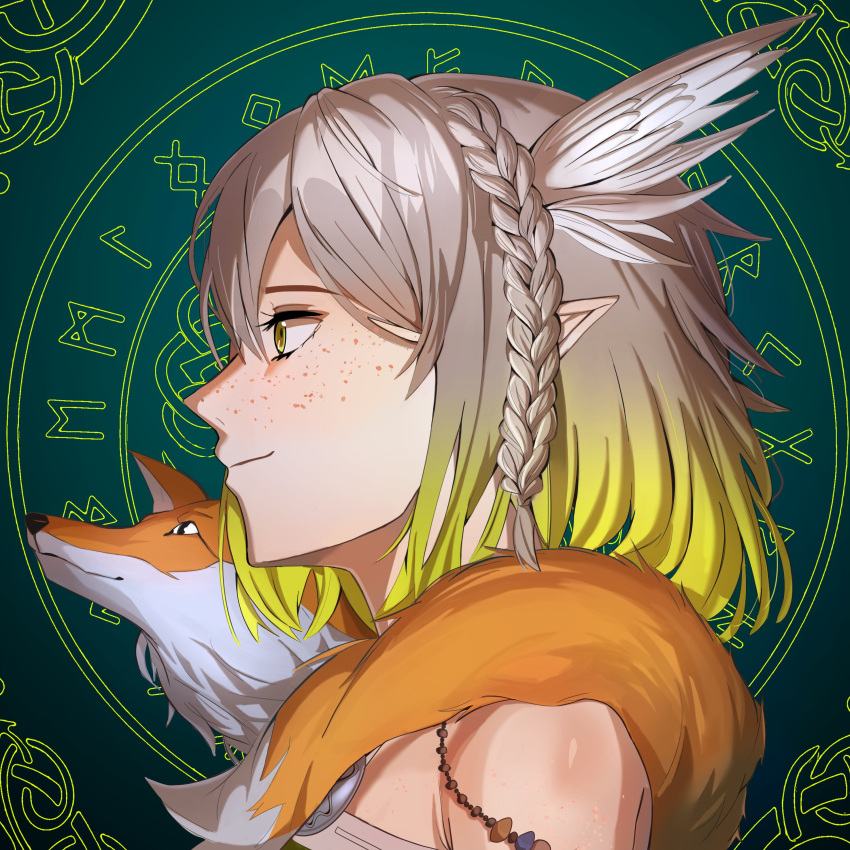 1girl, absurdres, alfhilde_odinsdottir, animal_on_shoulder, astraline, body_freckles, braid, dress