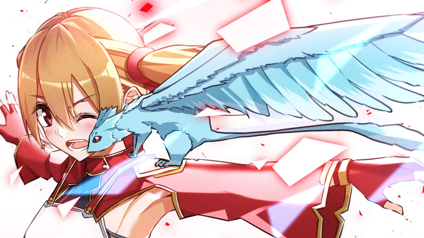 1girl, ;d, armor, armpits, black_gloves, blush, breastplate, breasts