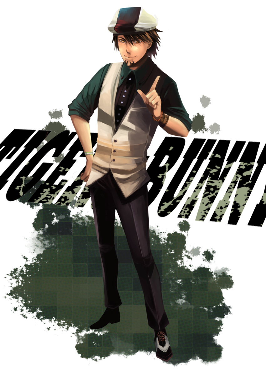 bracelet, brown_eyes, brown_hair, cabbie_hat, facial_hair, hat, high_res, highres, jeanyei, jewelry, kaburagi_t_kotetsu, male, necktie, pointing, short_hair, solo, stubble, tiger_&amp;_bunny, vest, waistcoat, watch, wristwatch