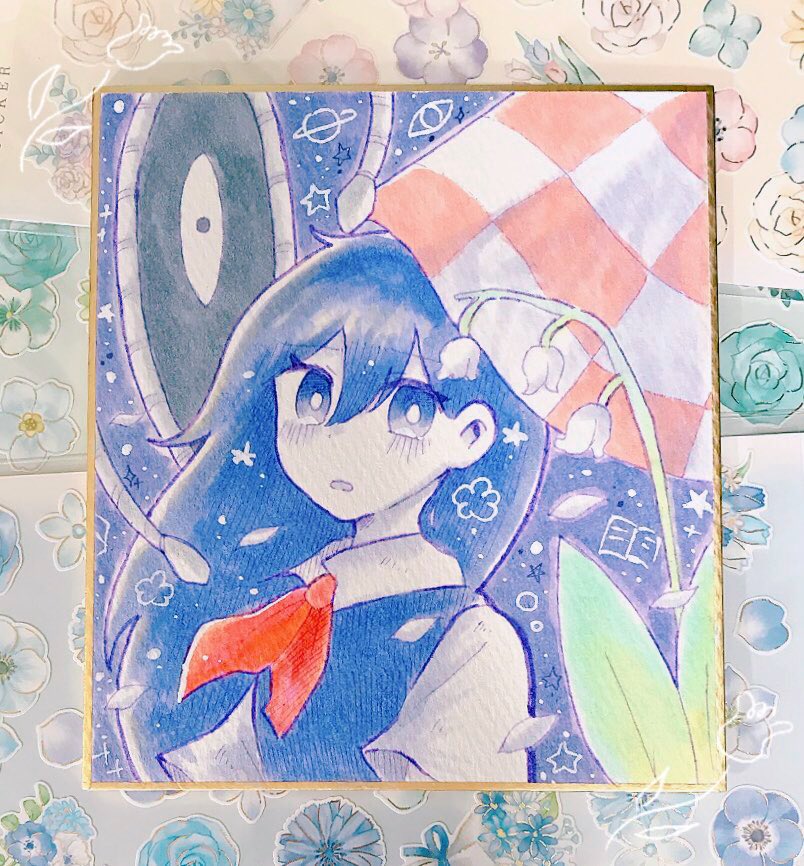 1girl, bright_pupils, checkered_blanket, collared_shirt, colored_skin, commentary_request, double-parted_bangs, flower, hair_behind_ear, hair_between_eyes, kagami2525, lily_of_the_valley, long_hair, looking_at_viewer, mari_(headspace)_(omori), mari_(omori), neckerchief, omori, parted_lips, picnic_blanket, purple_hair, purple_sweater_vest, red_neckerchief, shirt, short_hair, short_sleeves, solo, something_(omori), spoilers, sweater_vest, traditional_media, upper_body, violet_eyes, white_pupils, white_shirt, white_skin