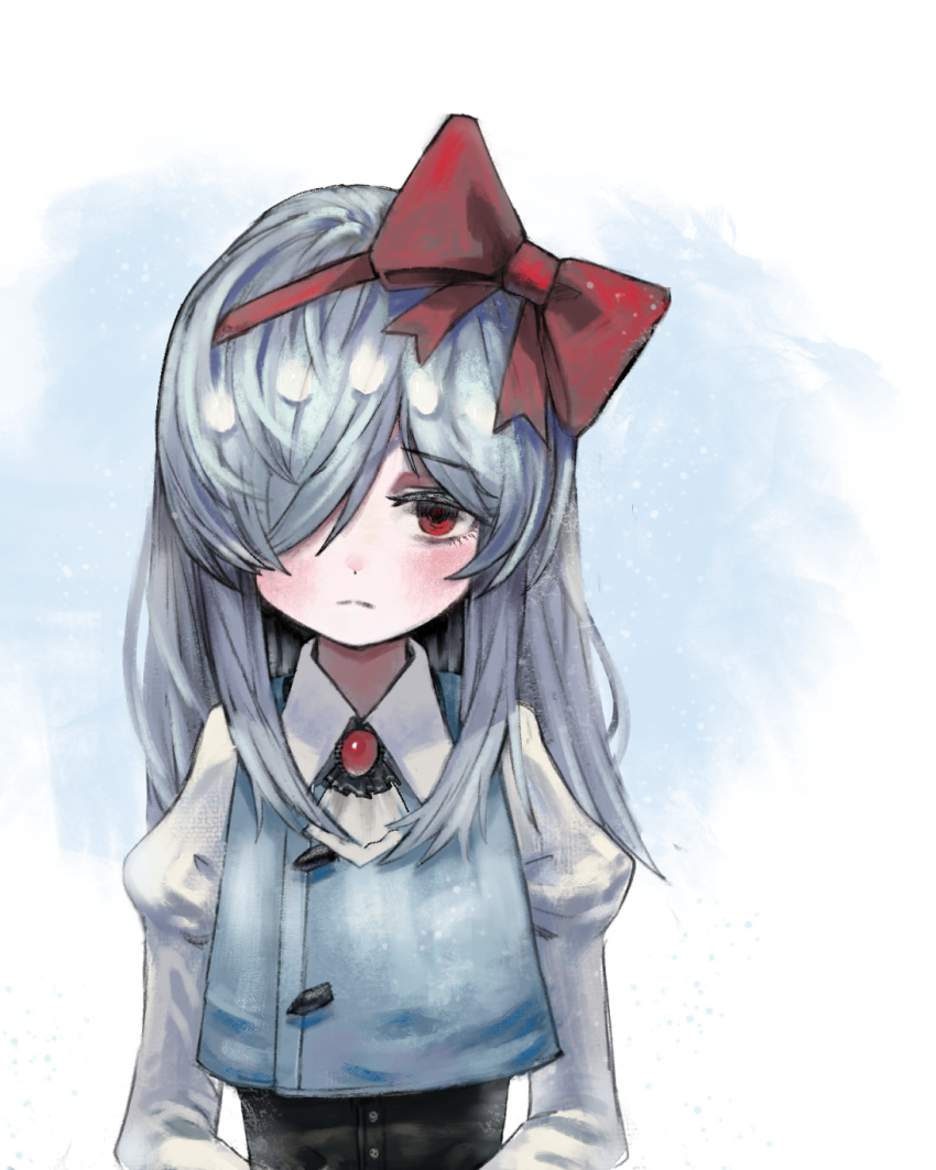 1girl, black_souls, blue_hair, blue_vest, bow, corset, decorations, hair_over_one_eye
