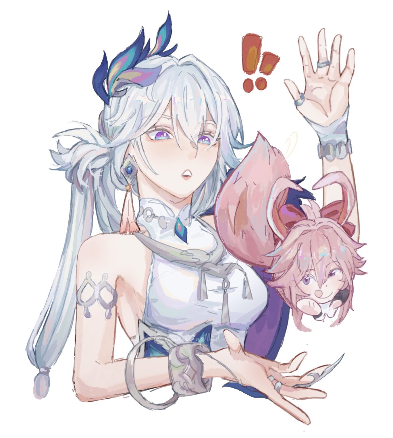 !, !!, 2girls, animal_ears, blue_eyes, breasts, evanescia_(honkai:_star_rail), evanesciap1lled, folded_ponytail, gem, hair_intakes, hair_ornament, highres, honkai:_star_rail, honkai_(series), long_hair, medium_breasts, multiple_girls, pink_hair, rabbit_ears, simple_background, surprised, tail, violet_eyes, white_background, white_hair, yao_guang_(honkai:_star_rail)