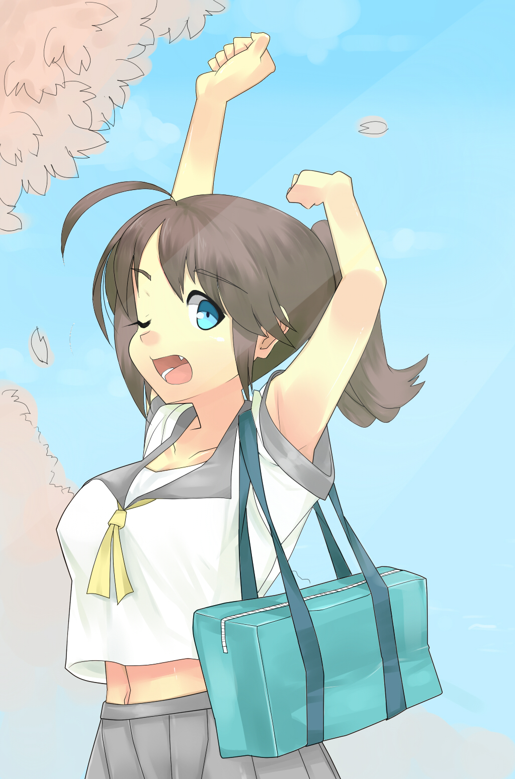 copyright_request, highres, kamuran, midriff, navel, school_uniform, serafuku, solo