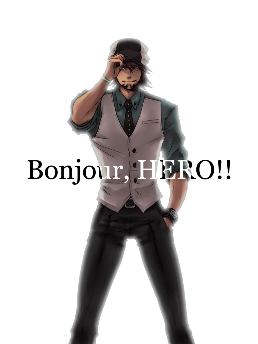adjusting_hat, bracelet, brown_eyes, brown_hair, cabbie_hat, chiori, facial_hair, french