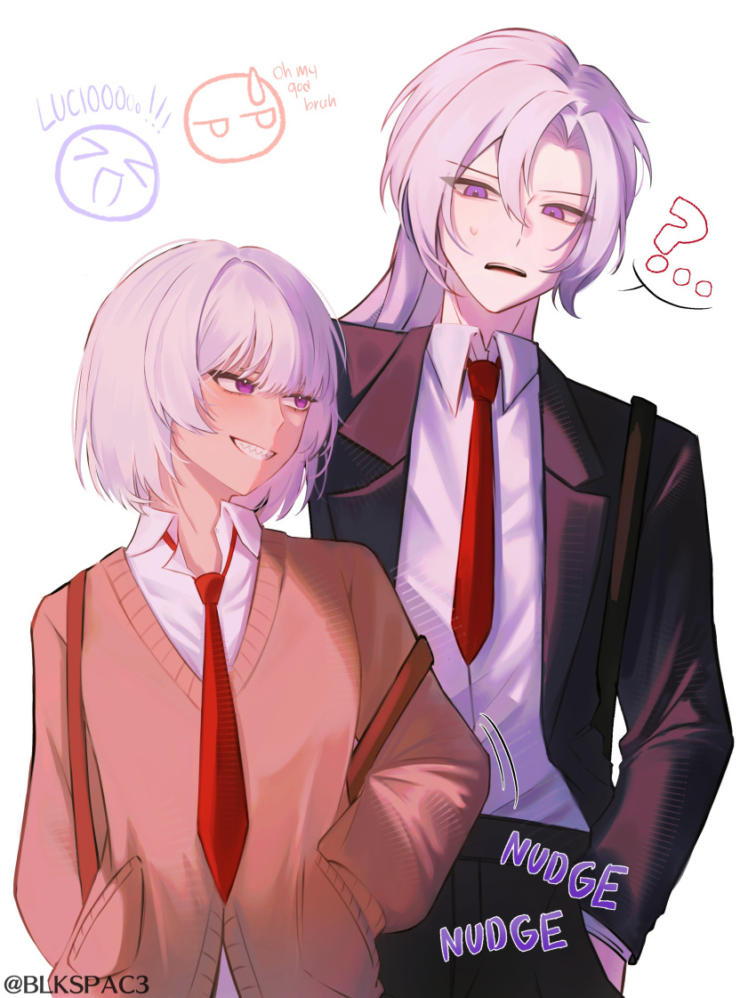 1boy, 1girl, ?, absurdres, alternate_costume, backpack, bag, black_jacket