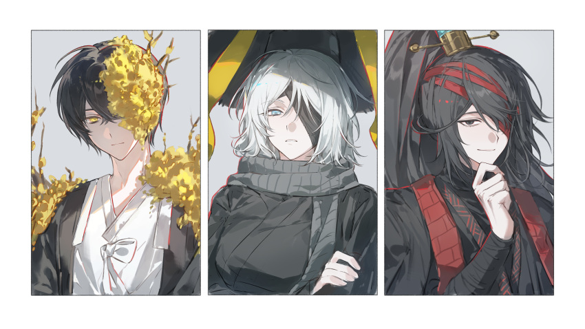 1girl, 2boys, arm_wrap, bandage_over_one_eye, black_bandages, black_eyes, black_hair, black_hanfu