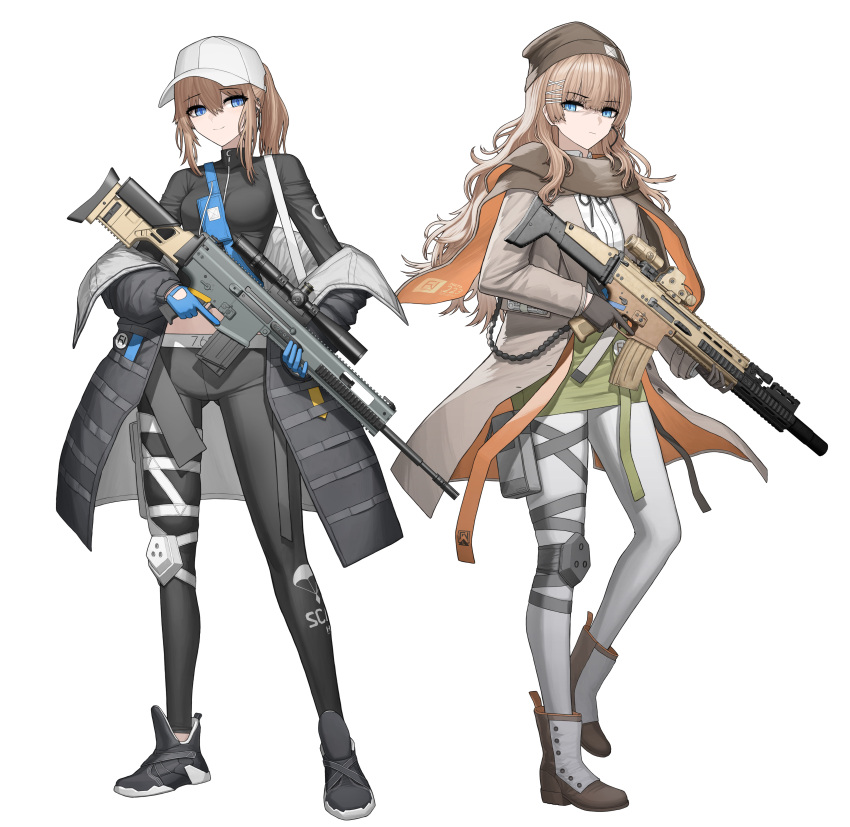 2girls, absurdres, baseball_cap, black_gloves, black_jacket, black_leggings, black_shoes, blonde_hair